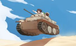  akiyama_yukari bad_id bad_pixiv_id blouse blue_sky brown_eyes brown_hair caterpillar_tracks cloud coupon_(skyth) day female girls_und_panzer green_skirt highres long_sleeves messy_hair military military_vehicle motor_vehicle neckerchief open_mouth outdoors panzer_ii pleated_skirt sand school_uniform sdkfz_123_luchs serafuku shirt short_hair skirt sky smile solo tank white_shirt 