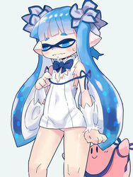  3:4 animal_humanoid blue_eyes blue_hair blush cephalopod cephalopod_humanoid crossover danmachi duo female flat_chested hair hestia_(danmachi) hi_res humanoid inkling inkling_girl kirby kirby_(series) male marine marine_humanoid mollusk mollusk_humanoid nintendo pseudo_hair splatoon tentacle tentacle_hair unknown_artist waddling_head 