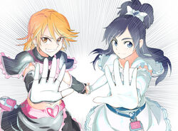  2girls arm_warmers ayatori_(sensei_heroism) black_gloves blue_eyes blue_hair commentary_request cure_black cure_white detached_sleeves dress earrings eyelashes fingerless_gloves futari_wa_precure gloves grin hair_ornament hair_ribbon happy holding_hands jewelry long_hair looking_at_viewer magical_girl midriff misumi_nagisa multiple_girls navel orange_eyes orange_hair precure ribbon shirt short_hair simple_background skirt smile white_background white_dress white_gloves yukishiro_honoka 