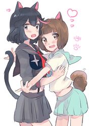  2girls animal_ears black_hair blue_skirt brown_hair cat_ears cat_girl cat_tail commentary_request dog_ears dog_girl dog_tail kemonomimi_mode kill_la_kill mankanshoku_mako matoi_ryuuko multiple_girls school_uniform senketsu senmen_kinuko serafuku short_hair skirt tail 