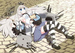  :o animal_ears bad_id bad_pixiv_id blue_eyes breasts cat_ears detached_sleeves fangs feline female highres kent_(warship_girls_r) large_breasts lying nisemono on_back pavers skirt solo striped_clothes striped_thighhighs thighhighs thighs turret warship_girls_r zettai_ryouiki 