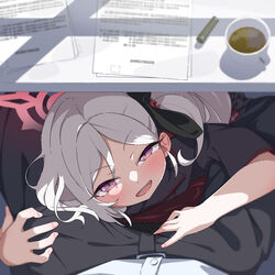  1boy absurdres blue_archive commentary cup desk female from_above hair_ornament hair_scrunchie highres hugging_another&#039;s_leg imminent_fellatio looking_at_viewer mug mutsuki_(blue_archive) open_mouth paid_reward_available paper pink_eyes pov pov_crotch rarigo scrunchie side_ponytail smile solo_focus under_the_table v-shaped_eyebrows white_hair 