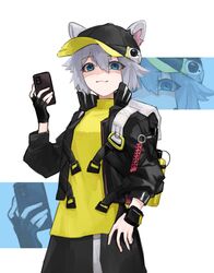  animal_ears arknights backpack bag baseball_cap black_gloves black_hat black_jacket black_skirt cellphone click_(arknights) commentary cowboy_shot ears_through_headwear female fingerless_gloves gloves grey_hair hair_between_eyes hat highres holding holding_phone jacket looking_at_viewer mouse_ears open_clothes open_jacket phone shaded_face shirt short_hair simple_background skirt smartphone solo white_background white_bag wristband yellow_shirt zrz_zzz 