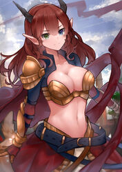  absurdres belt blue_eyes breastplate breasts cleavage cloud collarbone commission faulds female green_eyes heterochromia highres horns large_breasts long_hair looking_at_viewer loose_belt midriff navel neonbeat original outdoors pointy_ears red_hair red_ribbon revealing_clothes ribbon shoulder_armor single_spaulder skirt solo stomach upper_body vambraces very_long_hair 