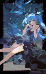  air_bubble bare_arms bare_shoulders black_dress black_ribbon blue_eyes blue_hair bubble ciloranko commentary dress feet_out_of_frame female fish floating_hair hair_ribbon hatsune_miku highres long_hair looking_at_viewer parted_lips ribbon romaji_commentary shinkai_shoujo_(vocaloid) sleeveless sleeveless_dress solo twintails underwear very_long_hair vocaloid 