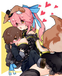  1boy age_difference aged_down animal_ear_fluff animal_ears artist_name blue_ribbon blush breasts brown_eyes brown_hair commentary_request face_to_breasts fate/extra fate/extra_ccc fate_(series) female fox_ears fox_girl fox_tail from_side gothic_lolita grabbing grabbing_another&#039;s_breast hair_between_eyes hair_ribbon heart hug kishinami_hakuno_(male) large_breasts lolita_fashion long_hair loose_clothes one_eye_closed onee-shota open_mouth osakana_(rrg0123) pink_hair ribbon sidelocks split_ponytail straight tail tamamo_(fate) tamamo_no_mae_(fate/extra) tamamo_no_mae_(sable_mage)_(fate) teeth thighhighs tsukumihara_academy_uniform_(fate/extra_ccc) twitter_username yellow_eyes 