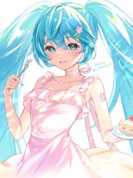  bad_id bad_pixiv_id bare_arms bare_shoulders blue_eyes blue_hair cake cake_slice choker collarbone commentary dress female flower food fork fruit grin hair_between_eyes hair_flower hair_ornament hairclip happy_birthday hatsune_miku highres holding holding_fork holding_plate kiki-yu long_hair pink_choker pink_dress pink_flower plate simple_background sleeveless sleeveless_dress smile solo strawberry twintails very_long_hair vocaloid white_background 