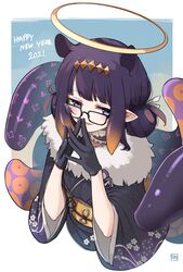  2021 a:n_(angrynum) alternate_costume black_gloves black_hair blue_eyes blunt_bangs blush borrowed_design cropped_torso double_bun english_commentary female fur_scarf glasses gloves gradient_hair hair_bun halo happy_new_year highres hololive hololive_english japanese_clothes kimono long_hair looking_down mole mole_under_eye multicolored_hair new_year ninomae_ina&#039;nis obi orange_hair own_hands_together pointy_ears sash sidelocks smile solo tentacle tentacle_hair virtual_youtuber yukata 