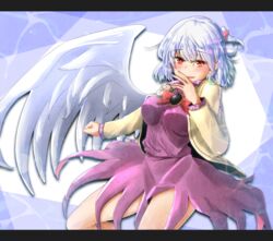  blue_background bow bowtie braid brooch cardigan commentary cowboy_shot dress female french_braid highres jewelry kishin_sagume letterboxed long_sleeves looking_at_viewer oshiaki purple_dress red_eyes single_wing solo touhou white_hair white_wings wings 