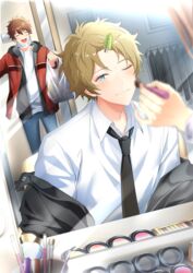  2boys :d absurdres applying_makeup bag black_necktie blonde_hair blue_eyes blush brown_hair brush closed_eyes clothes_rack collared_shirt cosmetics dressing_room ensemble_stars! hair_ornament hairclip highres hood hoodie jacket kindo looking_at_viewer makeup_brush male_focus mask mask_pull mirror morisawa_chiaki mouth_mask multicolored_hair multiple_boys necktie off_shoulder open_mouth out_of_frame plastic_bag red_jacket ryuuseitai_(ensemble_stars!) shirt short_hair smile streaked_hair takamine_midori white_shirt 