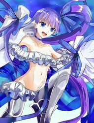  bare_shoulders bikini blue_eyes blue_ribbon breasts choker collarbone earrings fate/grand_order fate_(series) female frilled_bikini frills hair_ribbon jewelry knee_up long_hair long_sleeves looking_at_viewer meltryllis_(fate) meltryllis_(swimsuit_lancer)_(fate) meltryllis_(swimsuit_lancer)_(third_ascension)_(fate) nya-saka7337 open_mouth prosthesis prosthetic_leg puffy_sleeves purple_hair ribbon side_ponytail sleeves_past_fingers sleeves_past_wrists small_breasts smile solo swimsuit thighs very_long_hair white_bikini white_ribbon 