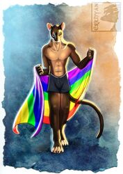  2019 4_toes 5_fingers abs abstract_background anthro bare_chest barefoot bottomwear brown_body brown_eyes brown_fur clothing countershade_torso countershading erkhyan euplerid feet fingers flag flag_(object) fossa fur hi_res holding_flag holding_object lgbt_pride looking_at_viewer male mammal mijoro_(erkhyan) muscular muscular_anthro muscular_male pecs pride_color_flag pride_colors rainbow_flag rainbow_pride_colors rainbow_pride_flag rainbow_symbol shorts six-stripe_rainbow_pride_colors solo toes whiskers 