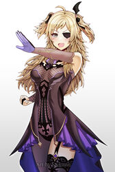  absurdres ahoge blonde_hair bodystocking breasts cosplay crossover dress eyepatch female fire_emblem fire_emblem_fates fischl_(genshin_impact) fischl_(genshin_impact)_(cosplay) garter_straps genshin_impact gloves grey_eyes hair_ribbon henshin_pose highres kamen_rider kamen_rider_(1st_series) long_hair medium_breasts ophelia_(fire_emblem) pose ribbon saikunartworks solo two_side_up 