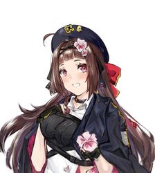  bad_id bad_pixiv_id beret black_choker black_gloves black_ribbon blue_jacket blush bow breasts brown_hair chinese_commentary choker commentary female fingerless_gloves flower girls&#039;_frontline gloves hair_flower hair_ornament hair_ribbon hairbow hand_on_breast hat highres holding holding_flower jacket jacket_on_shoulders long_hair looking_at_viewer medium_breasts nail_polish open_mouth pink_nails purple_eyes qiujiao red_bow rex_zero_1_(girls&#039;_frontline) ribbon shirt solo white_background white_shirt 