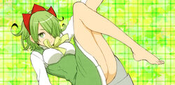  akame_ga_kill! barefoot breasts closed_mouth dress feet female genderswap_(mtf) green_background green_dress green_eyes green_hair hair_ornament hair_over_one_eye koroni_(nkrgs) layered_dress looking_at_viewer lubbock medium_breasts neck_ribbon pleated_dress ribbon rule_63 short_dress short_hair smile solo white_dress yellow_ribbon 