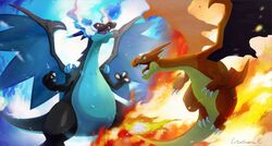  blue_fire breath_weapon charizard claws commentary_request fangs fire flame-tipped_tail green_eyes mega_charizard_x mega_charizard_y mega_pokemon no_humans open_mouth pokemon pokemon_(creature) tongue uninori 