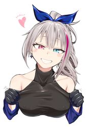  black_gloves blue_eyes breasts collarbone cross cross_earrings earrings female girls&#039;_frontline gloves grey_hair grin heterochromia highres jewelry kuzumotsu large_breasts long_hair looking_at_viewer mdr_(cocktail_observer)_(girls&#039;_frontline) mdr_(girls&#039;_frontline) multicolored_hair official_alternate_costume ponytail purple_eyes purple_hair smile solo streaked_hair teeth upper_body 