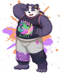  2022 aipangpangdeyua alp_(tas) anthro bear belly black_nose blush bottomwear closed_eyes clothing giant_panda hat headgear headwear hi_res kemono lifewonders male mammal overweight overweight_male pants purple_body shirt solo tokyo_afterschool_summoners topwear white_body 