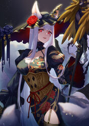  absurdres animal_ear_fluff animal_ears black_gloves blue_flower blunt_bangs breasts cleavage cleavage_cutout clothing_cutout collarbone corset ear_covers facial_mark female flower forehead_mark garter_straps gloves hat hat_flower head_tilt highres holding holding_staff juliet_sleeves long_hair long_sleeves medium_breasts nijisanji nijisanji_en nina_kosaka nina_kosaka_(2nd_costume) official_alternate_costume puffy_sleeves red_flower red_ribbon ribbon single_ear_cover smile solo staff sy509 thighhighs very_long_hair virtual_youtuber 