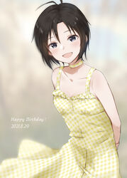  antenna_hair arms_behind_back black_hair buttons choker dated dress female grey_eyes happy_birthday highres idolmaster idolmaster_(classic) idolmaster_2 idolmaster_million_live! idolmaster_million_live!_theater_days kikuchi_makoto looking_at_viewer mogskg short_hair smile solo standing yellow_dress 