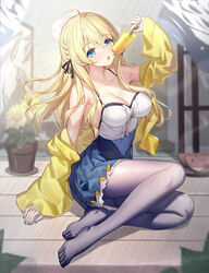  ahoge arm_up black_ribbon blonde_hair blue_eyes blue_nails blue_skirt blush braid breasts camisole center_frills cleavage collarbone commentary_request day feet female flower flower_pot food frills fruit grey_pantyhose hair_between_eyes hair_ribbon holding holding_food ice_cream jacket large_breasts light_particles long_hair long_sleeves looking_at_viewer nail_polish no_shoes off_shoulder open_clothes open_jacket original pantyhose parted_lips popsicle ribbon ririko_(zhuoyandesailaer) saegusa_futaba sitting skirt sleeves_past_wrists solo sunflower thighband_pantyhose toes very_long_hair watermelon watermelon_slice white_camisole yellow_flower yellow_jacket yokozuwari 