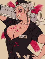  abs absurdres blood breasts cleavage dorohedoro dress earrings female hat highres jewelry large_breasts long_hair looking_at_viewer muscular muscular_female noi_(dorohedoro) nurse nurse_cap open_mouth priscilla_(bampshi) red_eyes simple_background smile solo white_hair 