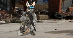  anthro armed big_ears boots canid canine clothing crouching dan_unit electronics equipment eyewear female fennec_fox footwear fox fur gear goggles gun headgear headphones headset kneeling male mammal matthews(razumi) military ranged_weapon rifle solo tan_body tan_fur true_fox warzone weapon 