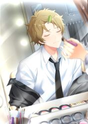  1boy absurdres applying_makeup blonde_hair blush brush closed_eyes clothes_rack cosmetics ensemble_stars! hair_ornament hairclip highres jacket kindo looking_at_viewer male_focus mirror morisawa_chiaki multicolored_hair necktie open_mouth ryuuseitai_(ensemble_stars!) shirt short_hair streaked_hair 