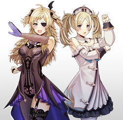  2girls absurdres ahoge barbara_(genshin_impact) barbara_(genshin_impact)_(cosplay) blonde_hair bodystocking breasts cosplay crossover dress fire_emblem fire_emblem_awakening fire_emblem_fates fischl_(genshin_impact) fischl_(genshin_impact)_(cosplay) garter_straps genshin_impact gloves grandmother_and_granddaughter grey_eyes hair_ribbon henshin_pose highres kamen_rider kamen_rider_(1st_series) lissa_(fire_emblem) long_hair medium_breasts multiple_girls open_mouth ophelia_(fire_emblem) pose ribbon saikunartworks thighhighs trait_connection twintails two_side_up 