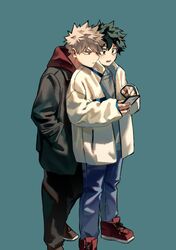  2boys bakugou_katsuki black_coat black_legwear blonde_hair blue_background blue_legwear boku_no_hero_academia brown_footwear cellphone coat cut_(nifuhami_35) freckles green_eyes green_hair holding holding_phone hood hood_down looking_at_phone male_focus midoriya_izuku multiple_boys open_mouth phone red_eyes red_footwear simple_background smartphone spiked_hair white_coat 