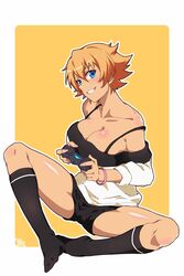  :d absurdres bare_shoulders black_shorts black_socks blonde_hair blue_eyes border bracelet breasts casual cleavage collarbone commentary commission controller drawing english_commentary female full_body game_controller grin highres holding holding_controller igawa_sakura jewelry keroroblack large_breasts looking_at_viewer off_shoulder outline short_hair shorts smile socks solo spread_legs sweater taimanin_(series) taimanin_asagi teeth white_border white_outline white_sweater yellow_background 