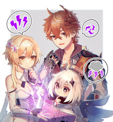  1boy 2girls bad_id bad_pixiv_id black_gloves black_scarf blonde_hair blue_eyes blush book border breasts cleavage cloud commentary detached_sleeves diamond_hair_ornament dress electricity flower frown genshin_impact gloves grey_background grey_eyes hair_between_eyes hair_flower hair_ornament halo hand_on_own_chin highres holding holding_book jacket kino_(m6t2a) lightning_bolt_symbol long_sleeves looking_down lumine_(genshin_impact) mask mask_on_head medium_breasts multiple_girls open_clothes open_mouth open_shirt orange_hair paimon_(genshin_impact) pointing pointing_at_self reading red_jacket scarf short_hair short_hair_with_long_locks simple_background smile speech_bubble spoken_lightning_bolt tartaglia_(genshin_impact) thinking white_dress white_flower white_hair white_sleeves yellow_eyes 