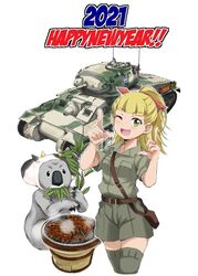  2021 ac1_sentinel animal_ears cow_ears female food girls_und_panzer hagi_midori hair_ribbon koala koala_forest_(emblem) koala_forest_military_uniform leaf meat military military_vehicle motor_vehicle one_eye_closed ribbon tank wallaby_(girls_und_panzer) 