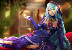  anklet artist_name azura_(fire_emblem) azura_(performing_arts)_(fire_emblem) bare_shoulders barefoot black_dress black_gloves black_veil blue_hair bow breasts commentary dress elbow_gloves english_commentary esther_shen female fingerless_gloves fire_emblem fire_emblem_fates fire_emblem_heroes gloves hair_between_eyes hair_ornament headdress indoors jewelry lips long_hair looking_at_viewer lying medium_breasts necklace parted_lips pendant purple_bow purple_ribbon ribbon signature solo strapless strapless_dress teeth veil very_long_hair yellow_eyes 