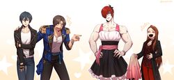  3boys absurdres black_hair bracelet brown_hair cosplay crossdressing crossover dodoro999 dress female highres idolmaster jacket jewelry korean_commentary kusanagi_kyou laughing long_hair minase_iori multiple_boys necklace pointing red_hair ring the_king_of_fighters yagami_iori 