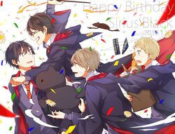  4boys aged_down biyaku_(user_zyxa4242) black_hair black_robe blonde_hair glasses gryffindor happy_birthday harry_potter_(series) highres hogwarts_school_uniform james_potter multiple_boys necktie peter_pettigrew remus_john_lupin robe scarf school_uniform sirius_black smile striped_clothes striped_necktie striped_scarf stuffed_toy wizarding_world 