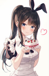  absurdres animal_ears black_hair blue_eyes blush cake closed_mouth female food haneiro head_tilt heart highres holding holding_cake holding_food long_hair maid original ponytail rabbit_ears simple_background smile solo white_background 