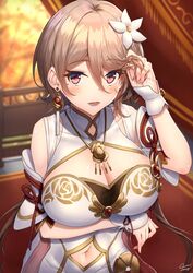  blush breasts brown_hair china_dress chinese_clothes cleavage cleavage_cutout clothing_cutout commentary dress earrings eyelashes female fingernails flower hair_flower hair_ornament honkai_(series) honkai_impact_3rd jewelry large_breasts lips md5_mismatch mole mole_under_eye navel navel_cutout necklace red_eyes resolution_mismatch rita_rossweisse rita_rossweisse_(artemis) rug short_hair shoulder_cutout signature smile solo source_larger wristband xfate 