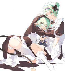  2girls apron ass bow bowtie character_doll chest_jewel detached_collar glasses green_hair hairband highres linka_(xenoblade) maid maid_apron mother_and_daughter multiple_girls pandoria_(xenoblade) panties pointy_ears stephanieh81080 tail thighhighs underwear white_panties xenoblade_chronicles_(series) xenoblade_chronicles_2 xenoblade_chronicles_3 xenoblade_chronicles_3:_future_redeemed zeke_von_genbu_(xenoblade) 