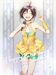  ^_^ antenna_hair black_hair closed_eyes clothing_cutout dated dress female happy_birthday highres holding holding_microphone idolmaster idolmaster_(classic) iso_(nh15mint) kikuchi_makoto loose_hair_strand messy_hair microphone navel short_hair smile solo teeth upper_teeth_only vital_sunflower_(idolmaster) 