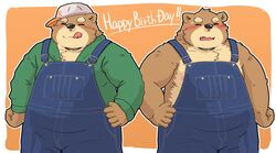  2020 absurd_res anthro bear brown_body brown_fur closed_eyes clothing fur hat headgear headwear hi_res humanoid_hands kemono kotadash kumatta male mammal overalls overweight overweight_anthro overweight_male shirt simple_background solo topwear 