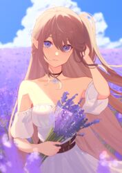  absurdres alternate_costume aoi_tooru arknights belt blue_eyes bouquet brown_hair closed_mouth cloud collarbone cowboy_shot dress female field flower flower_field hand_in_own_hair highres holding holding_bouquet indigo_(arknights) jewelry lavender_(flower) long_hair looking_at_viewer necklace off-shoulder_dress off_shoulder pout solo very_long_hair white_dress 