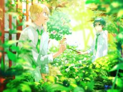  2boys albus_severus_potter biyaku_(user_zyxa4242) black_hair blonde_hair blue_eyes green_eyes harry_potter_(series) harry_potter_and_the_cursed_child highres hogwarts_school_uniform holding holding_wand multiple_boys necktie outdoors school_uniform scorpius_malfoy short_hair slytherin smile wand window wizarding_world 