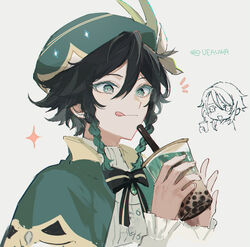  1boy :q androgynous aqua_eyes aqua_hair bad_id bad_twitter_id beret bishounen black_hair braid bubble_tea cape collared_cape commentary cup flower frilled_sleeves frills genshin_impact gradient_hair green_cape green_hat hat hat_flower holding holding_cup kamisato_ayato long_sleeves male_focus multicolored_hair puffy_sleeves shirt short_hair_with_long_locks signature simple_background solo sparkle tongue tongue_out twin_braids twitter_username ueauwa venti_(genshin_impact) white_background white_flower white_shirt 