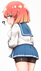  ? ass bike_shorts bike_shorts_under_skirt blue_skirt blush braid etorofu_(kancolle) female from_behind gradient_hair hair_ribbon hat head_tilt highres holding holding_clothes holding_hat kantai_collection long_sleeves multicolored_hair namaata orange_hair parted_lips pleated_skirt purple_eyes red_eyes ribbon sailor_collar school_uniform serafuku short_hair shorts shorts_under_skirt side_braids simple_background skirt solo unworn_hat unworn_headwear white_background white_hat 