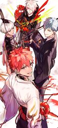  4boys black_coat black_eyes black_gloves black_jacket black_pants black_suit blue_eyes blue_hair closed_mouth coat emiya_shirou fate/grand_order fate_(series) feet_out_of_frame formal gloves hair_between_eyes hair_over_one_eye hakama hakama_skirt hands_on_own_hips hat highres holding holding_sword holding_weapon hood hood_down jacket japanese_clothes karna_(fate) karna_(santa)_(fate) katana kimono long_sleeves looking_at_viewer male_focus multiple_boys ono_matope orange_hair over_shoulder pants red_gloves red_hair sack saitou_hajime_(fate) senji_muramasa_(fate) senji_muramasa_(second_ascension)_(fate) short_hair simple_background skirt smile standing suit sword tate_eboshi watanabe_no_tsuna_(fate) weapon white_background white_hair white_kimono 