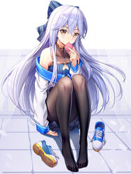  bare_shoulders black_pantyhose black_skirt blue_bow blue_footwear blue_shirt blush bow breasts closed_mouth collarbone commentary_request covered_collarbone diagonal_stripes female food full_body grey_hair hair_between_eyes hairbow hand_up highres holding holding_food jacket knees_up legs long_hair long_sleeves looking_at_viewer macaron no_shoes nose_blush off_shoulder original pantyhose pleated_skirt ririko_(zhuoyandesailaer) saegusa_riko see-through shirt shoes sitting skirt sleeveless sleeveless_shirt sleeves_past_wrists small_breasts solo striped striped_bow tongue tongue_out unworn_shoes very_long_hair watermark white_jacket yellow_eyes 