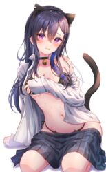  absurdres animal_ears armpit_crease bare_shoulders bell black_bra black_choker black_hair black_panties black_skirt bra cat_ear_panties cat_ears cat_tail choker covering_breasts covering_privates ear_piercing embarrassed fake_animal_ears female frown hairband highres ichinose_uruha jingle_bell long_hair long_sleeves looking_at_viewer lupinus_virtual_games miniskirt navel off_shoulder open_clothes open_shirt panties piercing plaid plaid_skirt pleated_skirt purple_eyes shirt side-tie_panties skirt solo stomach string_panties sweat tail toki_(toki_ship8) underwear virtual_youtuber vspo! wavy_mouth white_shirt 