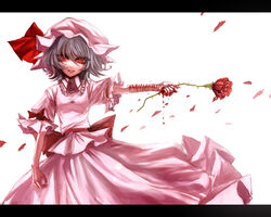  blood blood_drip blood_on_hands bow breasts buttons closed_mouth collared_shirt commentary_request cowboy_shot dripping expressionless female flower frilled_shirt_collar frilled_sleeves frills grey_hair hair_between_eyes hat hat_ribbon lastdark letterboxed long_bangs looking_at_viewer mob_cap outstretched_arm petals pink_hat pink_shirt pink_skirt puffy_short_sleeves puffy_sleeves red_bow red_eyes red_flower red_ribbon red_rose red_sash remilia_scarlet ribbon rose sash scratches self-harm_scar shirt short_hair short_sleeves simple_background skirt skirt_set sleeve_bow slit_pupils small_breasts solo touhou white_background wrist_cutting 