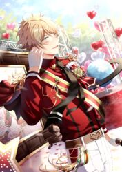  1boy badge balloon belt belt_buckle black_necktie blonde_hair blue_eyes blush buckle button_badge capelet chocolate collared_shirt cowboy_shot ensemble_stars! epaulettes gloves half_gloves hand_on_own_ear headset heart_balloon highres holding holding_microphone hot_&amp;_elegant_chocolat_fes_(ensemble_stars!) idol idol_clothes kindo long_sleeves looking_at_viewer male_focus microphone necktie open_mouth outdoors pants red_shirt ryuuseitai_(ensemble_stars!) sash screen shirt short_hair shoulder_sash sideways_glance smile solo stage star_(symbol) striped_clothes striped_shirt sunlight takamine_midori tassel tree valentine white_gloves white_pants 